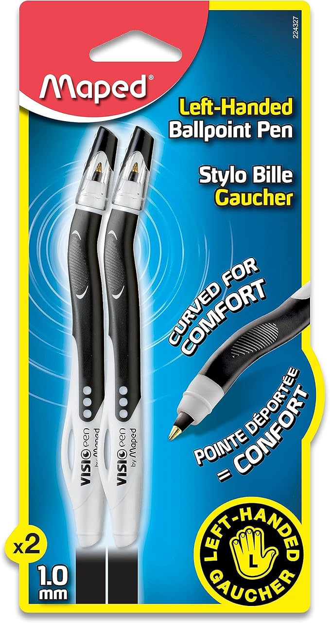 Maped Visio Left-Handed Quick-Drying Ballpoint Pens Black Ink – Smudge-Resistant Fast Drying Technology – Ergonomic Comfort Grip – Smooth Consistent Writing – 2 Pack for School Office Home Use